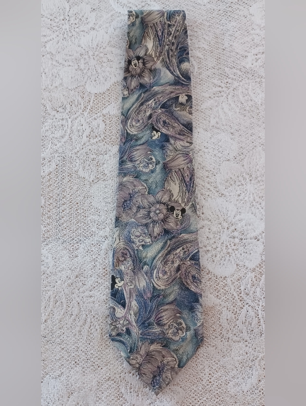 VTG DISNEY MICKEY, INC ALL SILK NECKTIE MADE IN USA HIDDEN MICKEY FLORAL/PAISLEY